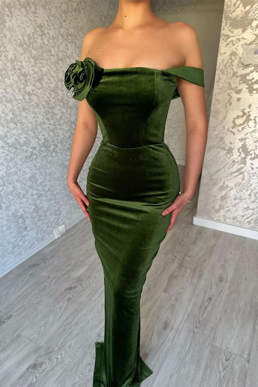 BMbride Green Mermaid Off the Shoulder Flowers Stain Prom Dress with Ruffles BMbride
