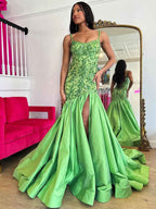 Green Mermaid Satin Sequin Beaded Long Prom Dresses with Slit