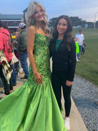 Green Mermaid Satin Sequin Beaded Long Prom Dress with Slit