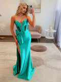 Green Mermaid Strapless Sweetheart Long Prom Dress with Bow
