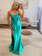Green Mermaid Strapless Sweetheart Long Prom Dress with Bow