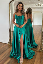 Elegant Green A-Line Strapless Zipper Back Long Satin Prom Dress with Split BM bride