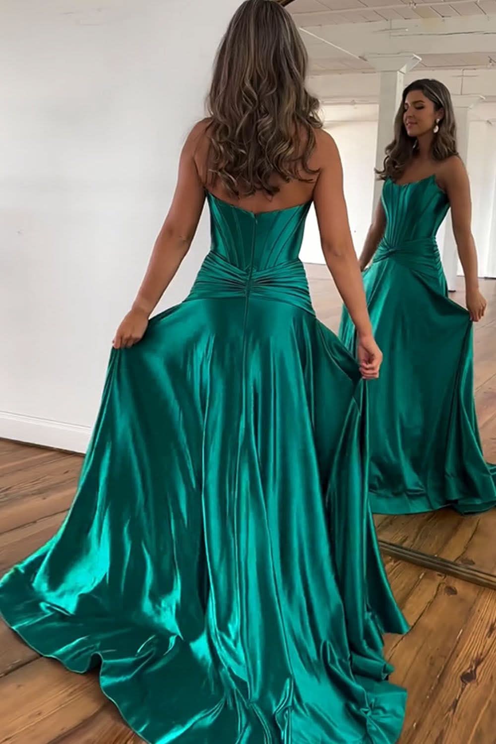 Elegant Green A-Line Strapless Zipper Back Long Satin Prom Dress with Split BM bride