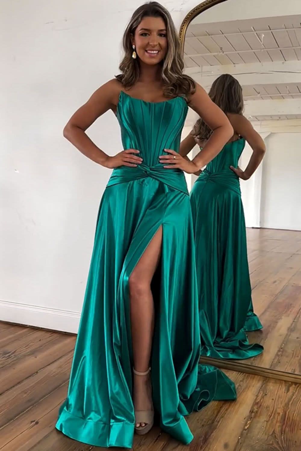 Elegant Green A-Line Strapless Zipper Back Long Satin Prom Dress with Split BM bride
