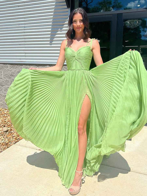 Green Sweetheart Spaghetti Straps Pleated A-Line Prom Dress with High Slit BMBRIDE