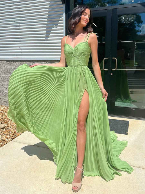 Green Sweetheart Spaghetti Straps Pleated A-Line Prom Dress with High Slit BMBRIDE