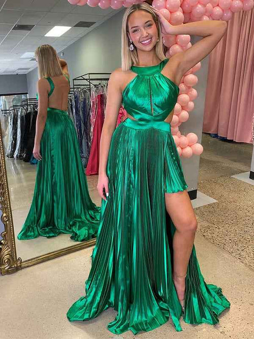 Green A-Line Halter Pleated Satin Long Prom Dress with Slit BMBRIDE