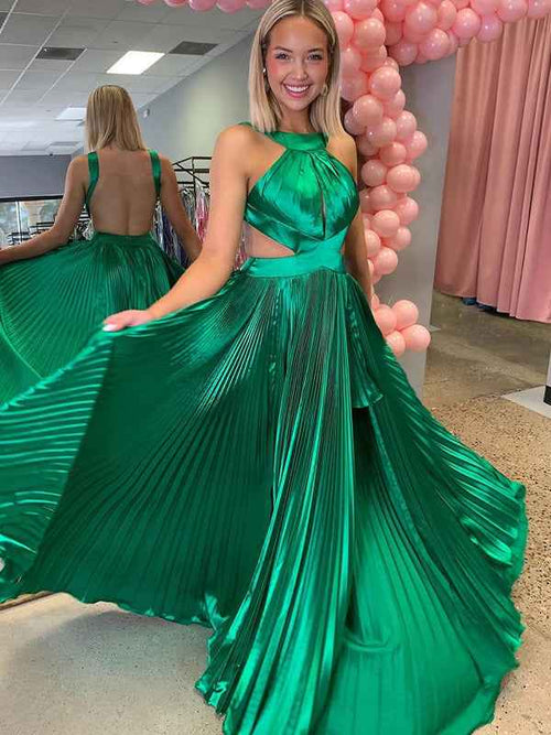 Green A-Line Halter Pleated Satin Long Prom Dress with Slit BMBRIDE