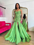 Green Mermaid Satin Sequin Beaded Long Prom Dresses with Slit