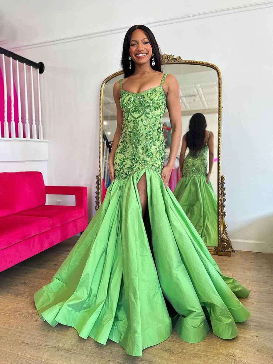 Green Mermaid Satin Sequin Beaded Long Prom Dresses with Slit