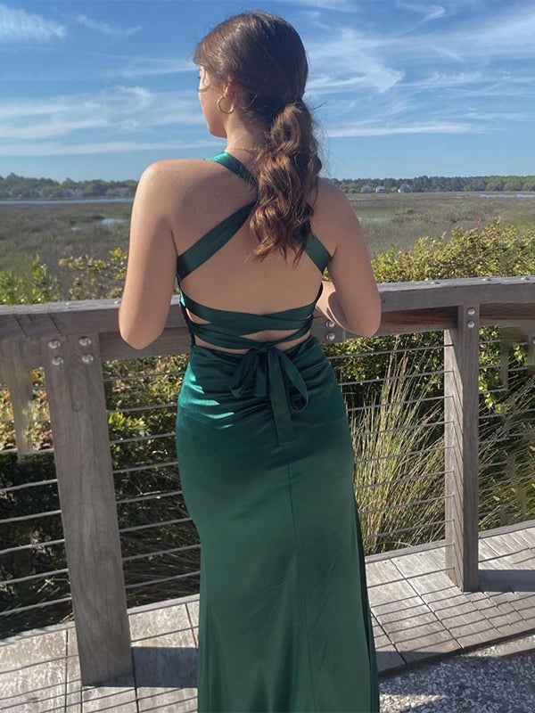 Ink Blue Mermaid V-Neck Criss-Cross Back Long Prom Dress