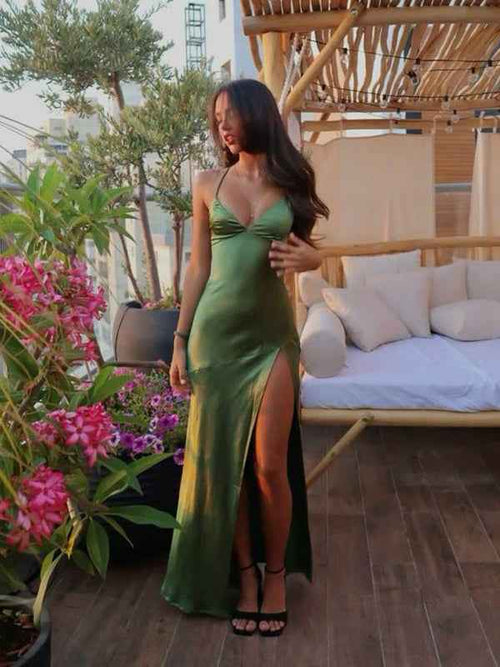 Green Sexy Spaghetti Straps Soft Satin Long Party Dress BMBRIDE