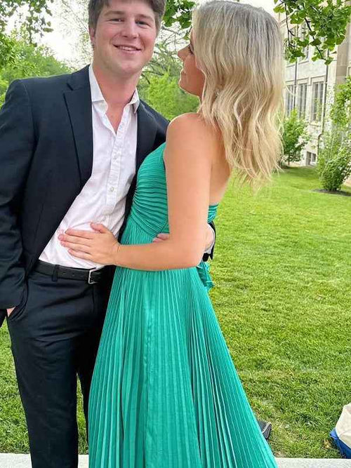 Green Spaghetti Straps Pleated A-Line Empire-Waist Formal Prom Dress BMBRIDE