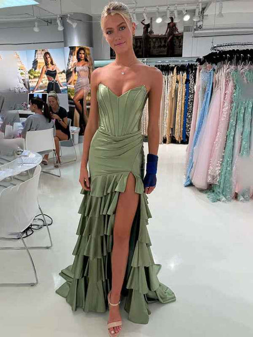 Green Mermaid Strapless Pleated Tiered Long Prom Dress with Slit BMBRIDE
