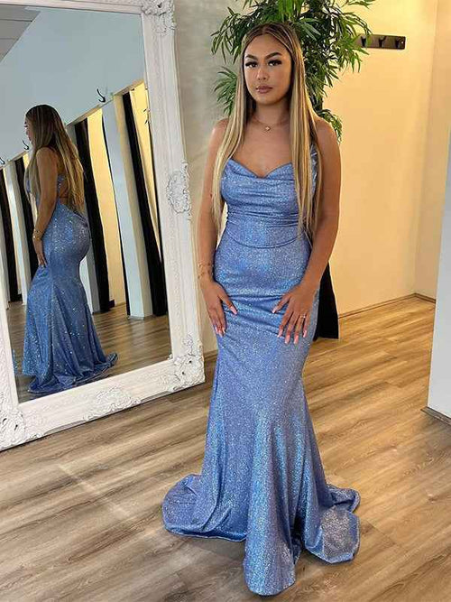Grey Blue Mermaid Spaghetti Straps Sequins Long Prom Dress with Criss Cross Back BMBRIDE