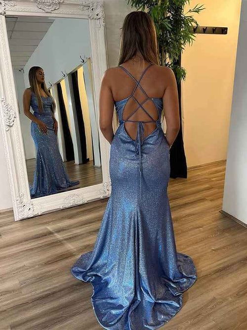 Grey Blue Mermaid Spaghetti Straps Sequins Long Prom Dress with Criss Cross Back BMBRIDE