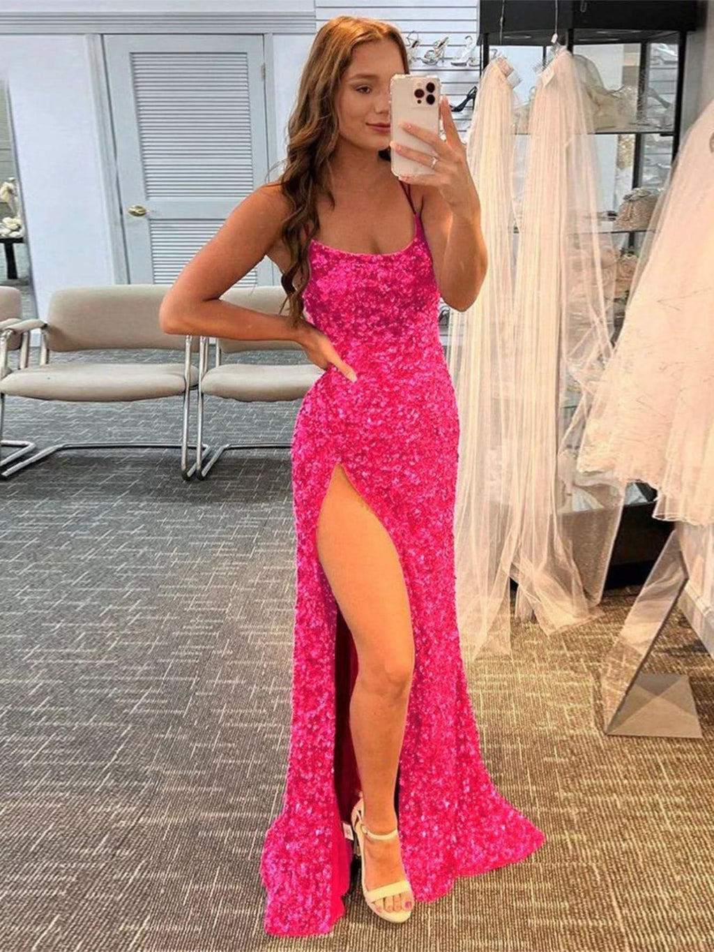 Gorgeous Mermaid V Neck Glitter Jersey Long Prom Dress with a Stylish Slit BM bride
