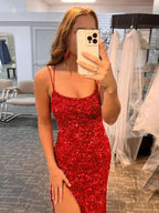 Gorgeous Mermaid V Neck Glitter Jersey Long Prom Dress with a Stylish Slit BM bride