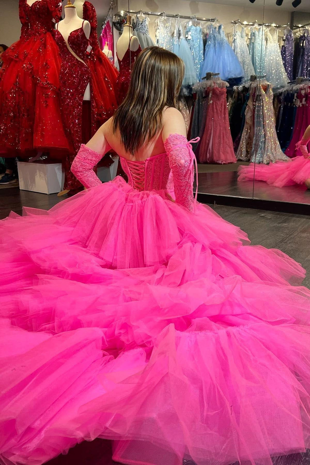 Hot Pink Off-Shoulder A-Line Tulle Layers Applique Hi-Low Prom Dress BM bride