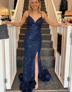 Dazzling Sparkly Orange Sequins Mermaid Long Prom Dress BM bride