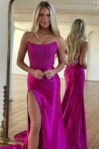 Exquisite Sheath Strapless Corset Satin Prom Dress with Slit BM bride