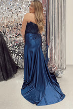 Exquisite Sheath Strapless Corset Satin Prom Dress with Slit BM bride