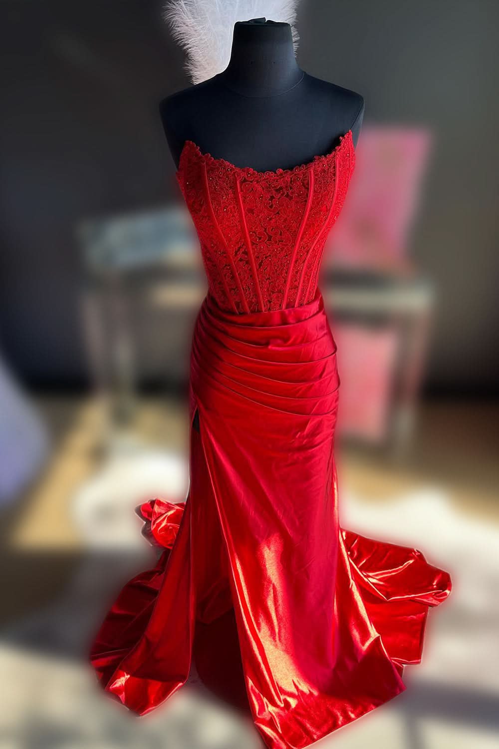 Exquisite Sheath Strapless Corset Satin Prom Dress with Slit BM bride