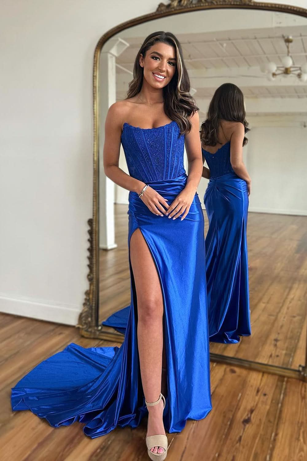 Exquisite Sheath Strapless Corset Satin Prom Dress with Slit BM bride