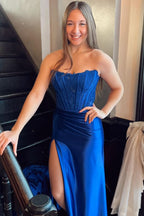 Exquisite Sheath Strapless Corset Satin Prom Dress with Slit BM bride
