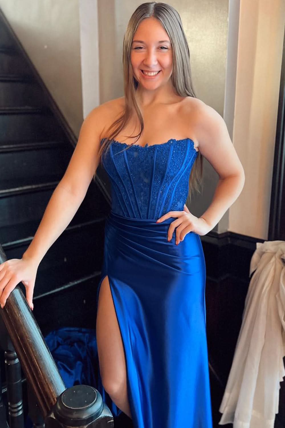 Exquisite Sheath Strapless Corset Satin Prom Dress with Slit BM bride