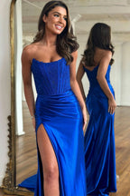 Exquisite Sheath Strapless Corset Satin Prom Dress with Slit BM bride