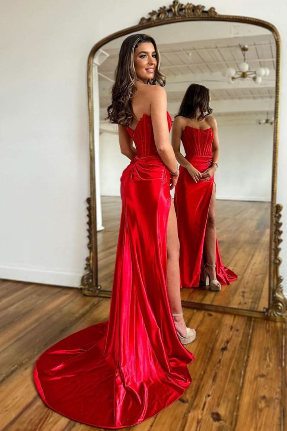 Exquisite Sheath Strapless Corset Satin Prom Dress with Slit BM bride