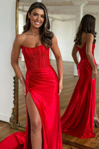 Exquisite Sheath Strapless Corset Satin Prom Dress with Slit BM bride
