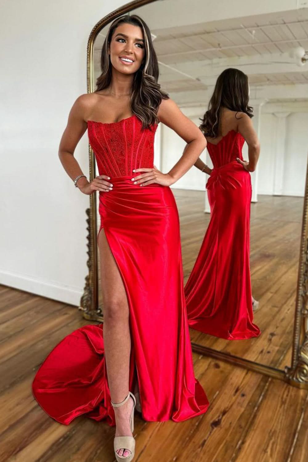 Exquisite Sheath Strapless Corset Satin Prom Dress with Slit BM bride