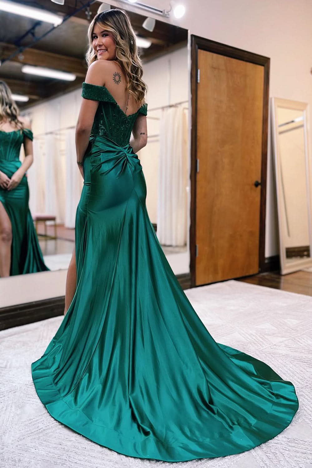 Chic Mermaid Off-the-Shoulder Satin Prom Dress with Slit BM bride