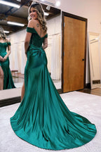 Chic Mermaid Off-the-Shoulder Satin Prom Dress with Slit BM bride