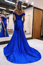 Chic Mermaid Off-the-Shoulder Satin Prom Dress with Slit BM bride