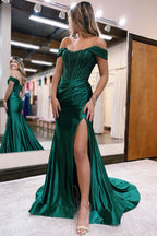 Chic Mermaid Off-the-Shoulder Satin Prom Dress with Slit BM bride