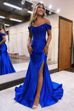 Chic Mermaid Off-the-Shoulder Satin Prom Dress with Slit BM bride