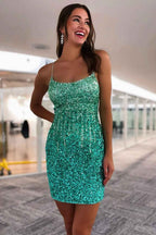 Sparkly Light Pink Spaghetti Straps Backless Sequins Tight Short Homecoming Dress Bmbride