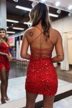 Glitter Royal Blue Spaghetti Straps Sequins Backless Tight Homecoming Dress with Slit Bmbride