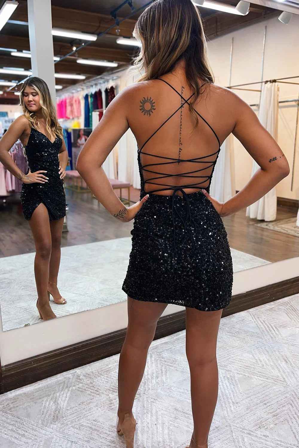 Glitter Royal Blue Spaghetti Straps Sequins Backless Tight Homecoming Dress with Slit Bmbride