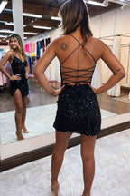 Glitter Royal Blue Spaghetti Straps Sequins Backless Tight Homecoming Dress with Slit Bmbride