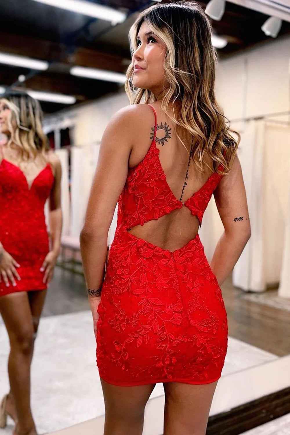 Red Open Back Spaghetti Straps Appliques Tight Homecoming Dress Bmbride