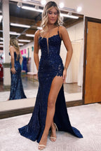 Elegant Mermaid Spaghetti Straps Appliques Prom Dress with Slit BM bride