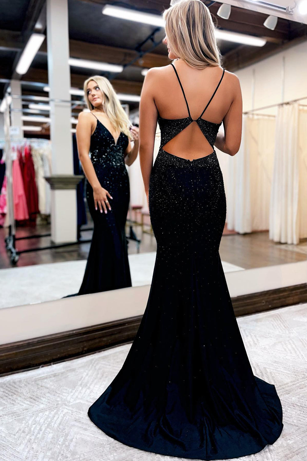 Exquisite Mermaid Spaghetti Straps Beaded Satin Prom Dress BM bride