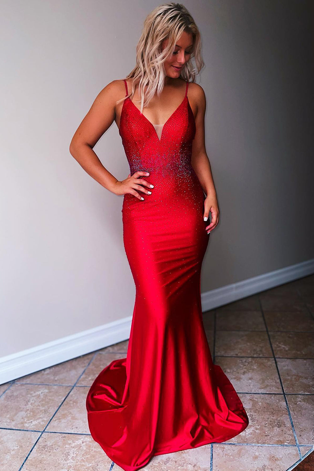 Exquisite Mermaid Spaghetti Straps Beaded Satin Prom Dress BM bride