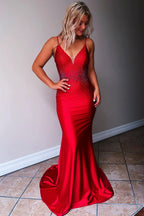 Exquisite Mermaid Spaghetti Straps Beaded Satin Prom Dress BM bride