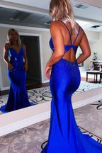 Exquisite Mermaid Spaghetti Straps Beaded Satin Prom Dress BM bride