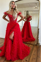 Sweet A-Line Sweetheart Tiered Tulle Long Prom Dress with Slit BM bride
